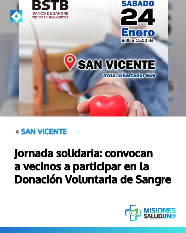 Jornada solidaria: convocan a vecinos a participar en la Donación Voluntaria de Sangre